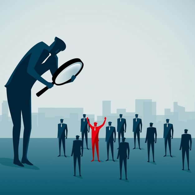 cartoon of man looking through magnifying glass