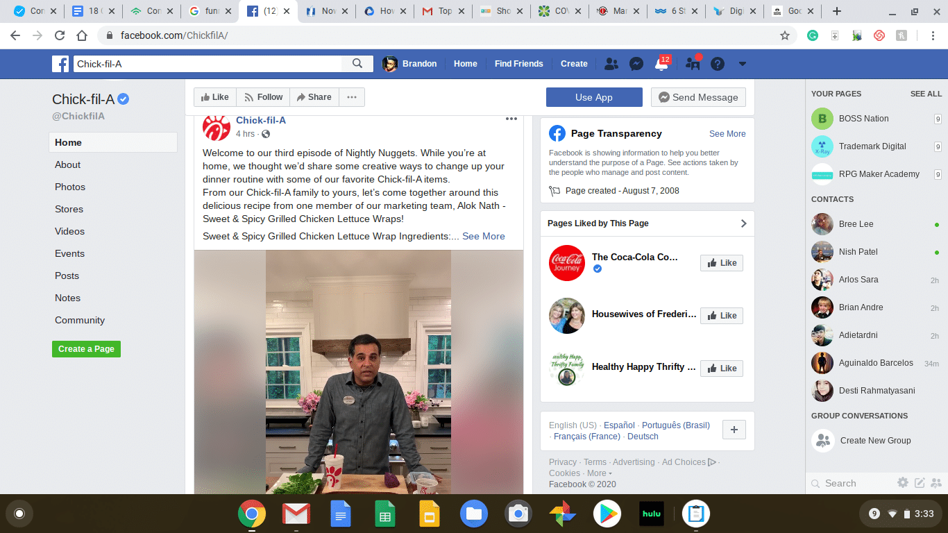Sample facebook post by Chick Fil A