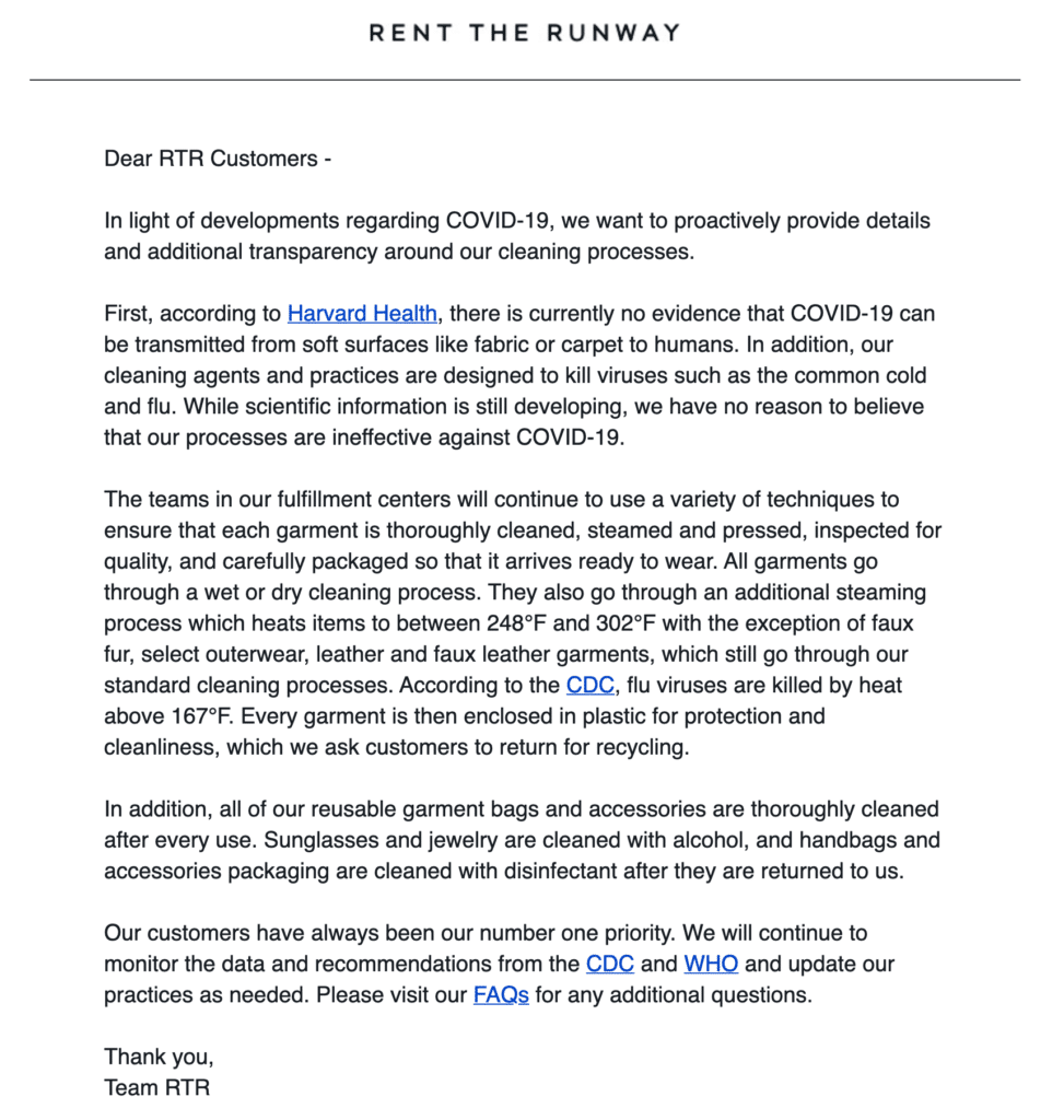 Rent the Runway covid sample letter